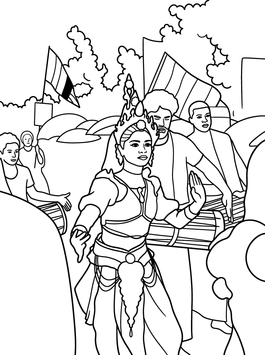 Page de coloriage obtenue : Les personnes en arrière-plan restent dans le dessin